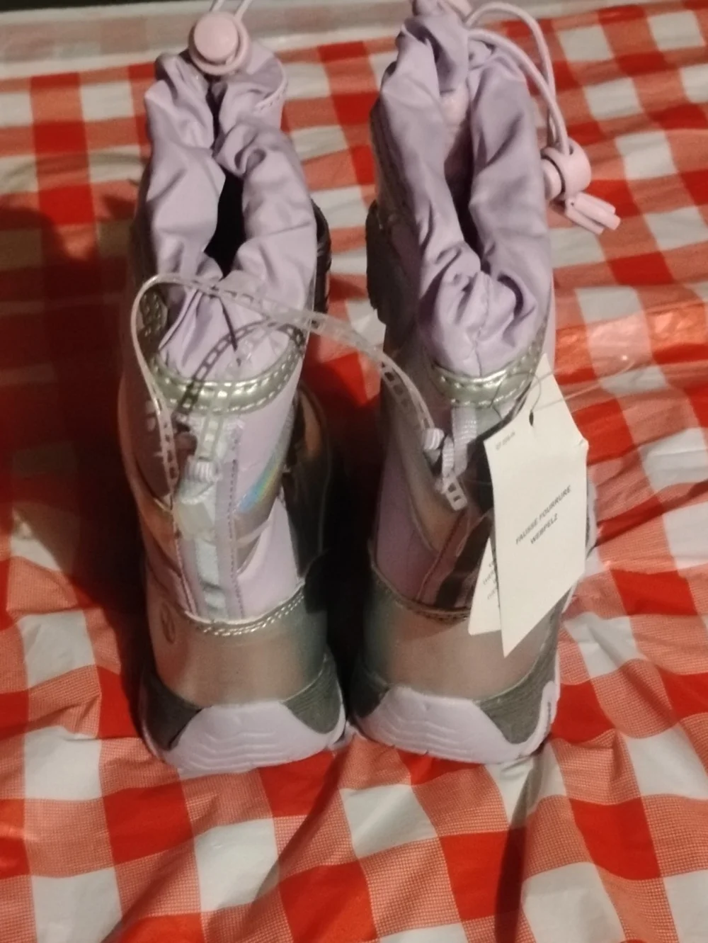 Kids Silver Holographic Winter Boots with Lilac Cuffs